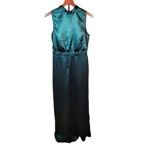 Satin Halter Wide Leg‎ Jumpsuit Emerald Green M 70s Look Disco Retro Studio 54